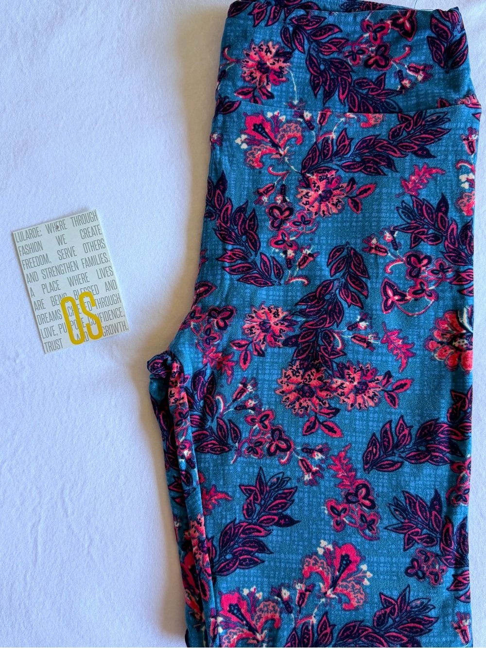 LuLaRoe Teal Floral Leggings with Pink & Navy Accents